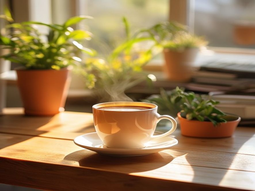 Kopp kaffe på skrivebord med planter i bakgrunnen